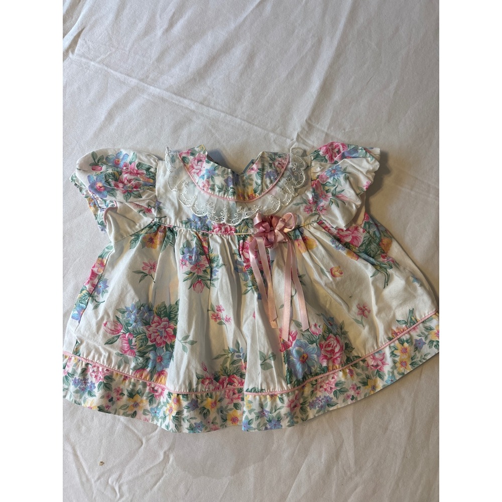 Vintage Baby Floral Top 6-9M White Pink 1996 Lace Collar Ribbon 1300